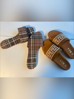 Two pairs ILLA Brown Slide Sandals & Plaid Slide Set